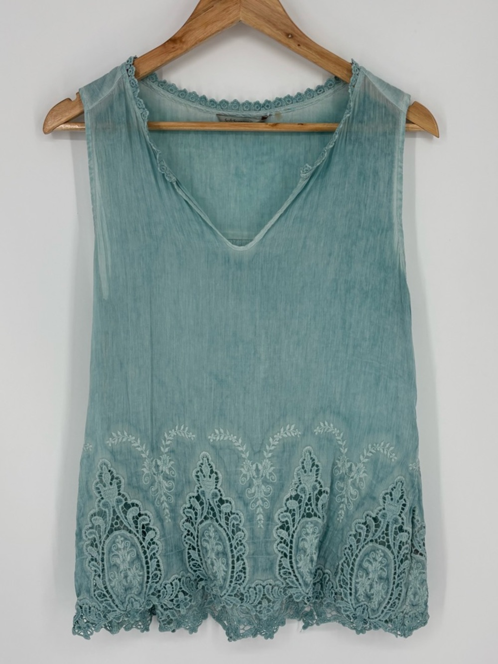 Soft Surroundings Silk Cotton Blend Embroidered Teal Tank Top Women’s Size Med*